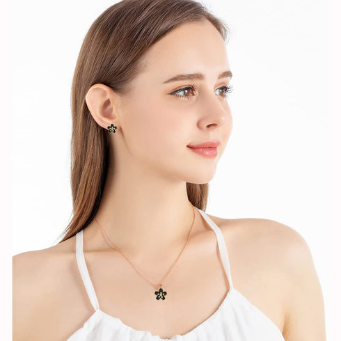 EVEVIC Cherry Blossom Flower Necklace Earrings Set for Women 18K Gold Plated Hypoallergenic Jewelry Sets (Black)...