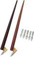 Professional Manga Gothic Pen Dip Pen Calligraphy Drawing Pen Kit, 2 Pen Holders Handles, 7 Nibs (2 Fountain Pen Nib, 5 Flat Nib) - Brown Wood and...