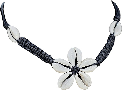 BlueRica Braided Black Cord Choker Necklace with Cowrie Shell Flower Pendant...