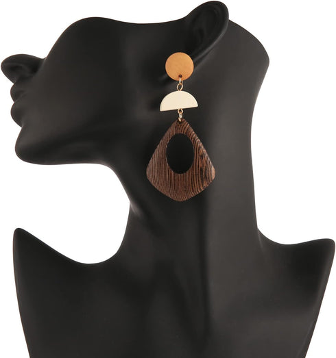 Women's Natural Wood Earrings Variety of Fashion Earrings Stainless Steel Earrings Minimalist Retro Earring Set Wooden Natural Hollow Earrings Cur...
