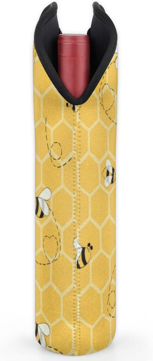 2 Bottle Wine Carrier Tote Bag Cute Bees Insulated Neoprene Portable Bottle Holder Great Gift for Wine Lover, Great for Picnics Travel BYOB, Outdo...