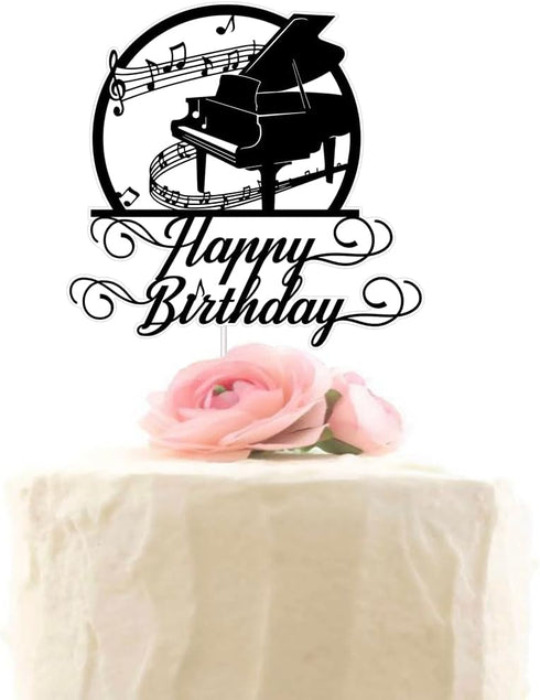 Piano Happy Birthday Cake Topper Musical Music Notes Cake Decoration Music Lover Themed Birthday Party Supplies Musician Cake Pick Black Glitter...