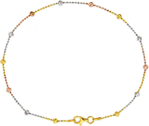 Ritastephens Sterling Silver Tri-Color Moon-Cut Round Station Bead Italian Foot Chain Anklet 10"...