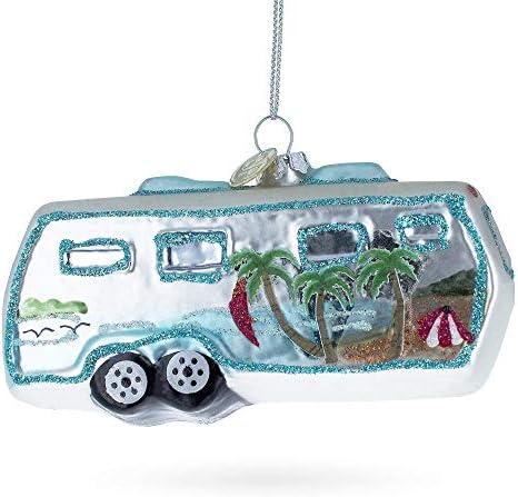 Silver Camper Trailer Glass Christmas Ornament...