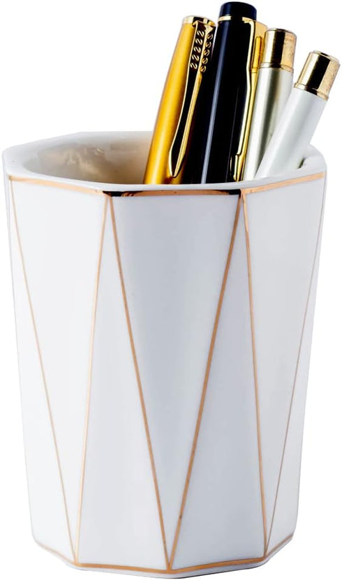 Ceramic Cute Geometric Pen Holder With Gold Line Stand Pencil Cup Pot Desk Organizer Makeup Brush Holder (White)...