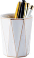 Ceramic Cute Geometric Pen Holder With Gold Line Stand Pencil Cup Pot Desk Organizer Makeup Brush Holder (White)...