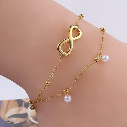 Jude Jewelers Stainless Steel Infinity Charm Faux Pearl Double Strand Anklets...