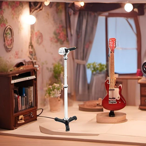 LUOZZY Miniature Microphone Mini Musical Instrument Dollhouse Mini Microphone Model with Stand for 1:12 Dollhouse Accessories Display - Black...