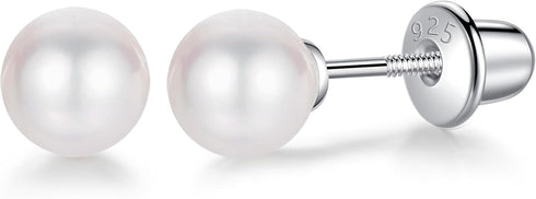 Freshwater Pearl Earrings with Screw Back for Women 925 Sterling Silver Sensitive Genuine 6mm White Real Round Cultured Pearls Stud Everyday Earri...