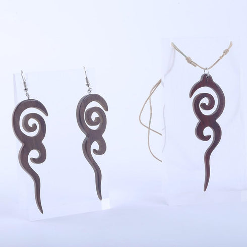 Tribal Wood Earrings and Necklace Set for Women, Long Spiral Dangling Earrings, Adjustable Cord Necklace, Wooden Jewelry...