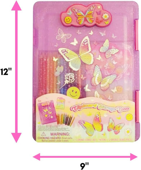 Kids Clipboard Storage Case – Cute Butterfly Design Pink Clip Board – Girls Set with 12 Erasable Colored Pencils, Pad and Stickers – Fits 8.5x11 S...