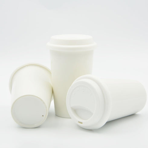 Reusable Double Wall Insulated White Ceramic Travel Coffee Cup with Lid & Sleeve, 12 fl.oz, I Am Not a Paper Cup...