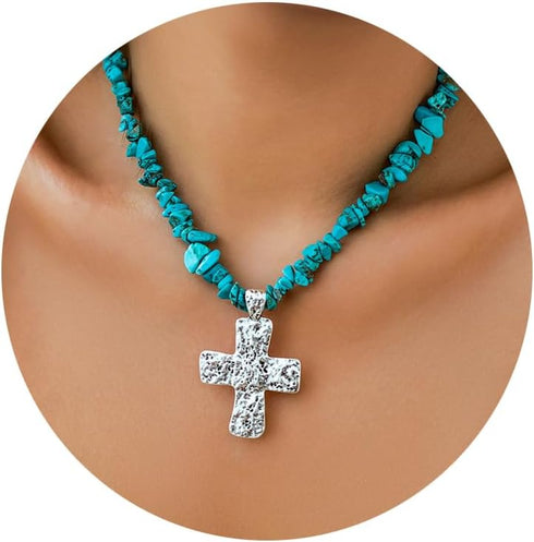 Silver Cross Pendant Turquoise Chain Choker Necklace for Women...