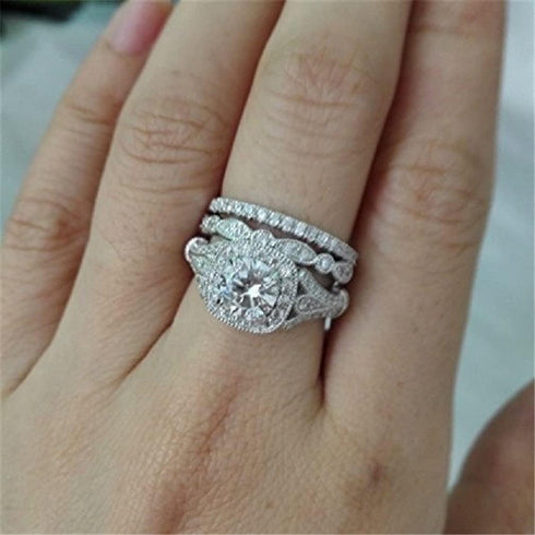 Fashion Ring Set Three-in-One Round Wedding Bands Set Engagement Rings 925 Silver Ring Cubic Zirconia CZ Promise Eternity Band for Women Size 6-10...