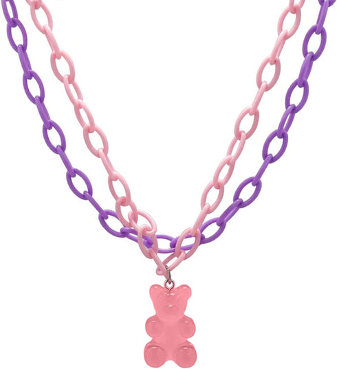 Lovely Gummy Bear Pendant Necklace Pink Acrylic Chunky Chain Cute Candy Color Bear Necklace for Women Jewelry Gift...