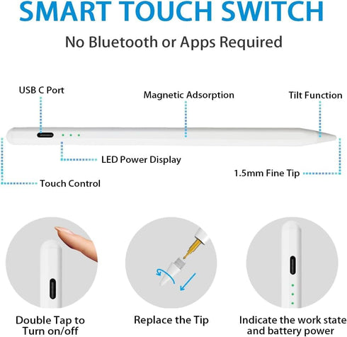 Stylus Pen for iPad 2018-2023, Palm Rejection Tilt Sensor, Magnetic Apple Pen Active Pencil Compatible with iPad Pro 11"/12.9",iPad 10/9/8/7/6,iPa...