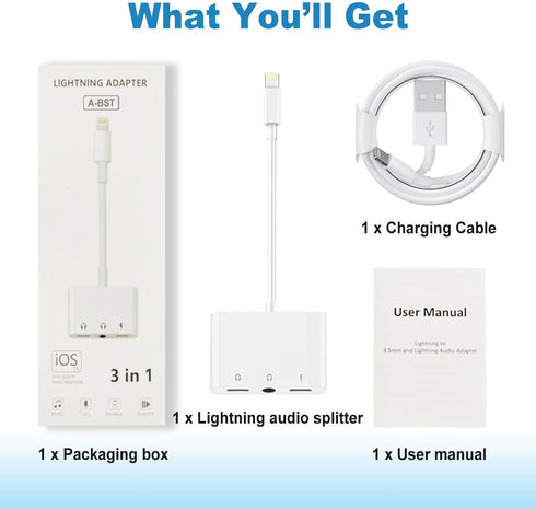 3 in 1 Lightning to 3.5mm Jack Headphone Adapter Earphone Jack Audio and Charging Adapter Headphone Splitter Compatible for iPhone 13 12 11 SE XS ...
