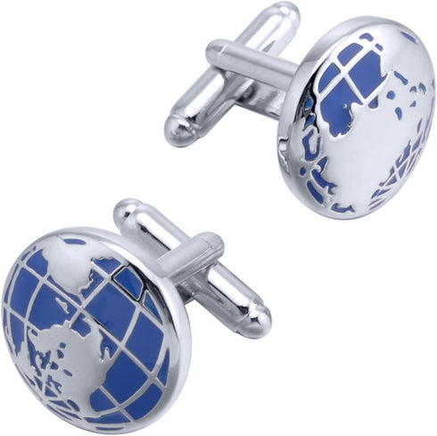 World Map Unique Cufflinks for Men Classic Round Blue Globe Earth Cufflinks in Gift Case for Wedding Business French Cuff Shirt...