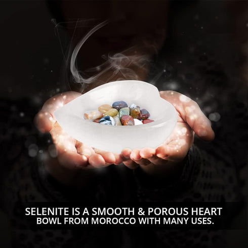 Selenite Crystal Heart Shaped Bowl 10cm, Crystals Smudging Bowl for Reiki Healing, Anxiety Relief & Meditation. Ideal for gift & Home Decor - Whit...