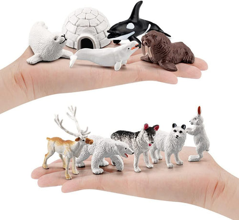 Mini Arctic Animals Toys Set 10PCS Polar Animal Figurines Toy Play setIncludes Polar Bear Seal Reindeer Wolf Rabbit Arctic Fox Igloo for ToddlersB...