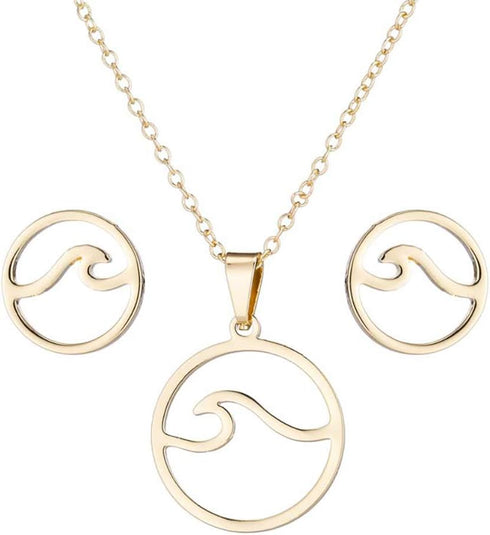 Simple Stainless Steel Round Ocean Wave Stud Earrings Sea Wave Pendant necklace Set Beach Jewelry for Surfer Gift...