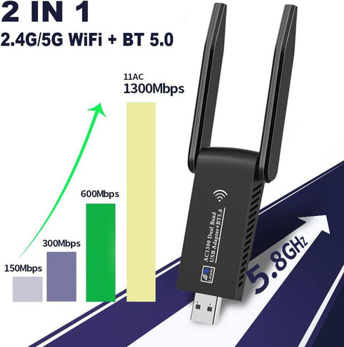AC1300 Dual Band WiFi Wireless Network Card + BT 5.0 Adapter USB 3.0 1300M 802.11ac Adapter Bluetooth 5.0 with Antenna for Laptop PC 2.4GHz + 5.8G...