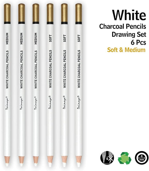 dainayw 6 Pcs White Charcoal Pencils Drawing Set, Professional Smooth Soft & Medium Sketching Pencil Art Supplies for Drawing, Highlighting, Sketc...