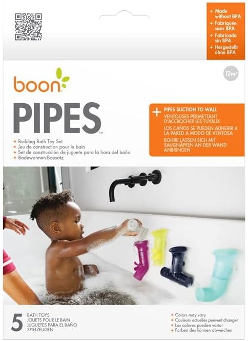 Boon Pipes Toddler Bath Toys - Bathtub Building Toys with Suction Cups - Toddler Sensory Toys and Bathtub Essentials - Multicolored - 5 Count - Ki...