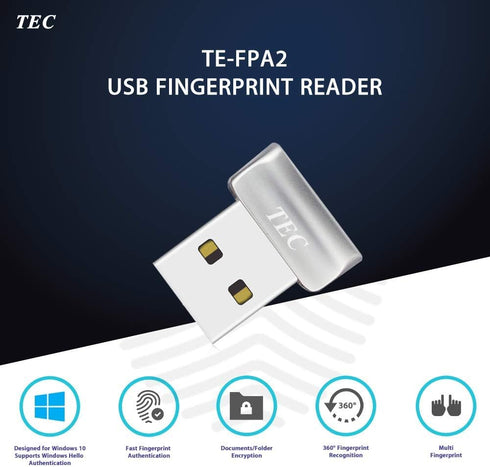 TEC Mini USB Fingerprint Reader for Windows 11/10 Hello, TEC TE-FPA2 Bio-Metric Fingerprint Scanner PC Dongle for Password-Free and File Encryptio...