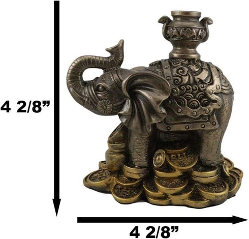Ebros Small Feng Shui Auspicious Elephant Carrying Wealth Pot With Trunk Up Standing On Golden Coins Ingots And Nuggets Statue 4.25"Long Home Deco...