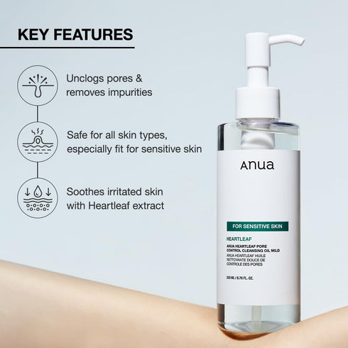 ANUA Heartleaf Pore Cleansing Oil MILD, Sensitive Skin Face Wash, Oil Cleanser for Face, Makeup Blackhead Remover, Korean Skin Care, Non-Comedogen...