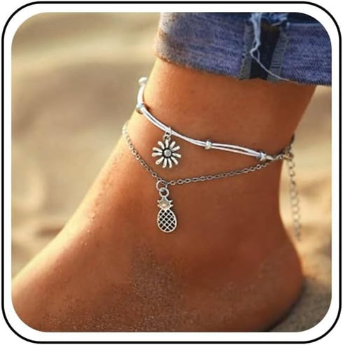 Boho Flower Ankle Bracelet White Hemp Rope Layered Anklets Flower Drop Anklet Bracelet Layered Pineapple Anklet Foot Chain Jewelry for Women...
