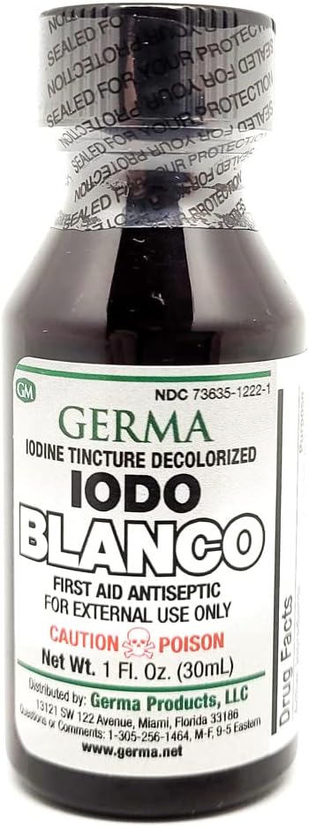 Germa White Iodine Tincture. First Aid Antiseptic. For Minor Scrapes, Cuts, Bruises and Burns. Prevents Skin Infection. 1 oz. Pack of 3...