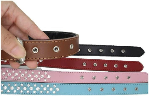 Rhinestones Dog Collar, Adjustable Sparkly Crystal Studded Genuine Leather Pet Dog Collar for Small and Medium Breeds (L fit Neck 14.5-18", Brown)...