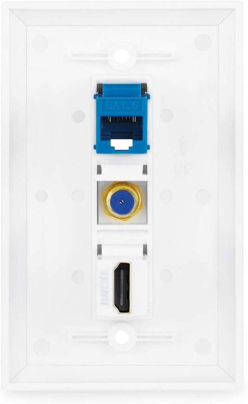 3 Port Wall Plate with Coaxial TV Cable F Type + Cat6 Ethernet + HDMI Keystone Female to Female Jack in White …...