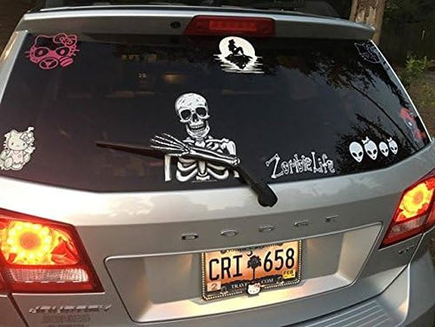 Skully Waving Skeleton Arm WiperTags Decal Made in USA attaches to Rear Vehicle Wiper Blades...