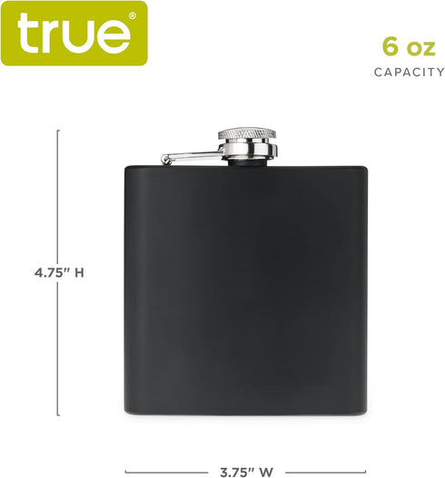 True Stainless Steel Metal Flask for Men, Drinking Flasks for Whiskey Tequila Rum Brandy Cocktails, Travel, Backpacking, 6 oz Set of 1, Matte Blac...