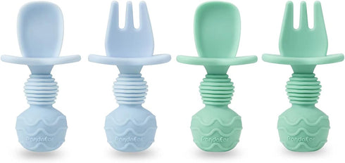 PandaEar 4 Pack Silicone Baby Spoons and Fork Feeding Set- Anti-Choke First Self Feeding Utensils for Baby Led Weaning Ages 3 Months (Cyan+Blue)...