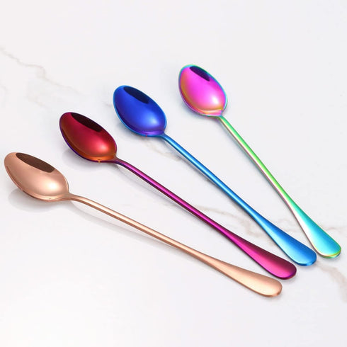 Long Handle Iced Tea Spoon, Stainless Steel Coffee Mixing Spoons, Long Cream Dessert Spoons Set of 4 (Multicolor), Dishwahser Safe...