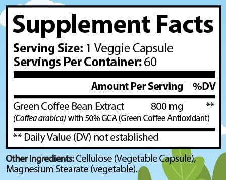 Premium Green Coffee Bean Extract with 50% GCA - 800mg per Serving, Natural Antioxidant Support - 60 Veggie Capsules - Made in FDA Registered Faci...