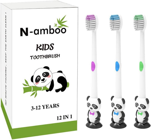 12 Pieces Kids Cartoon Panda Toothbrush Soft Bristles with Sunction Cup Individually Wrapped for Boys and Girls Toddler 3-12 Years...
