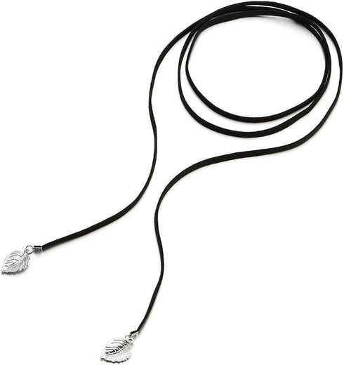 COOLSTEELANDBEYOND Womens Black Wrap Choker Necklace with Leaf, Bolo Tie Necktie, Lariat Necklace, Long Necklace...