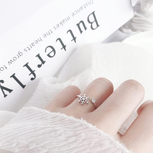 Dainty CZ Snowflake Open Statement Rings Sterling Silver 925 Adjustable Crystal Cubic Zirconia Winter Flower Tail Finger Band Promise Engagement R...