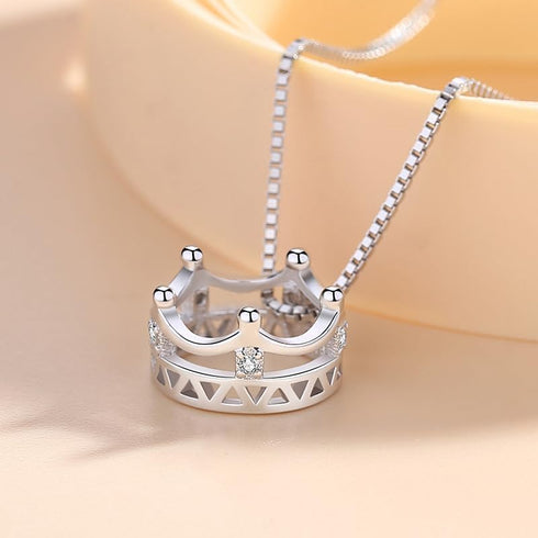 Simulated Diamond Princess Crown Necklace for Women, 925 Sterling Silver CZ Stone Crown Necklace...