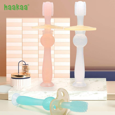 haakaa 360° Baby Toothbrush with Suction Base - Gentle Cleaning for Toddler's Self-Brushing Training, Food-Grade Silicone, Adjustable Safety Shiel...