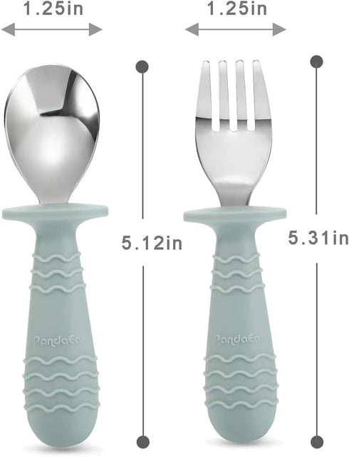 PandaEar 4 Set Baby Toddler Silicone Stainless Steel Utensils Silverware Spoon Fork for Baby Toddler BPA Free with Silicone Holding Anti-Choke Des...