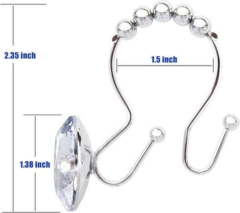 Shower Curtain Hooks Rings for Bathroom, 12PCS Double Hooks Glide Anti Rust Crystal Rhinestones Shower Curtain Rings Hangers for Shower Curtains, ...