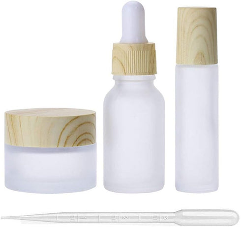 3Pcs Empty Translucent Frosted Glass Cosmetic Containers with Wood Grain Cap, 1 30ml Round Jar+1 20ml Eye Dropper Bottles+1 10ml Roller Bottles fo...