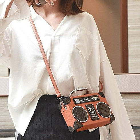 Vintage Radio Clutch Handbag Leather Top Handle Crossbody Shoulder Bag...