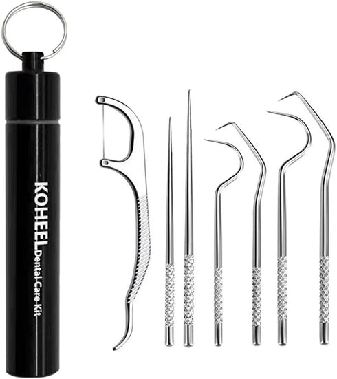 KOHEEL Toothpicks Pocket Set, Reusable Dental Floss Picks Kit, Stainless Steel Teeth Cleaning Tools, Tooth Picker, Oral Hygiene Kit with Holder (7...